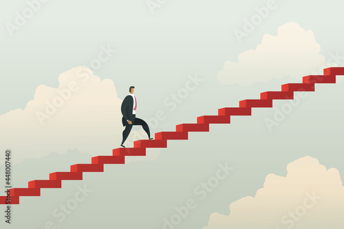 Businessman walking climbing up stair red