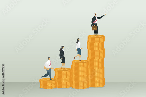 Businessman standing on top of the pile of coins leading the team to increase profits and develop growth the company.
