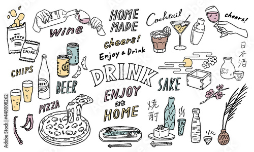 Alcoholic beverage motifs vector line illustrations.