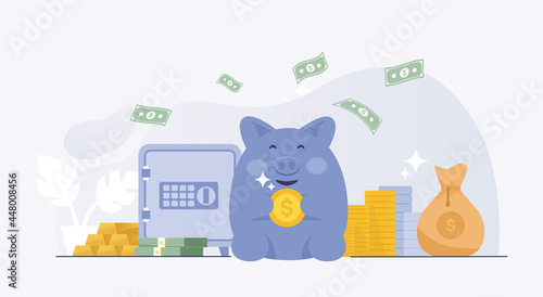 Happy pink piggy bank saving investment with safes. vector illustration
