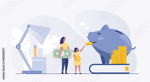 piggy bank mother daughter money savings coin finance. vector illustration