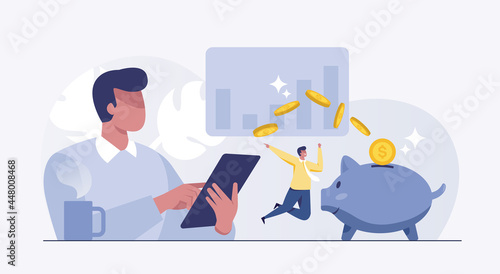 Businessman make money online, investment profits grow. Happy businessman profits from stock trading. vector illustration