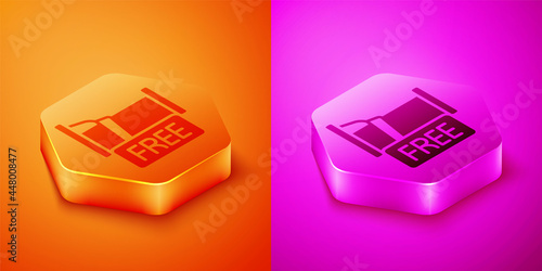 Isometric Free overnight stay house icon isolated on orange and pink background. Hexagon button. Vector
