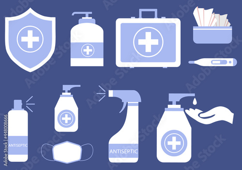 Antiseptics  a set of antiseptics for hands and body. Vector illustration.