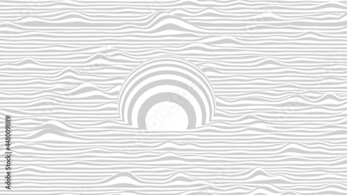 Striped abstract background. A sphere floating on a wavy surface.