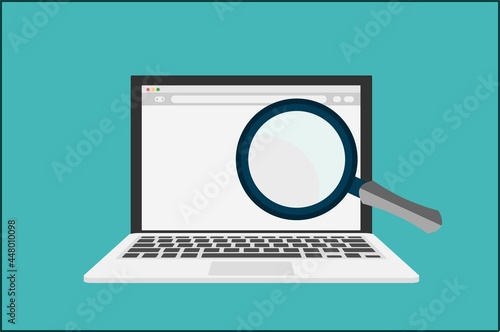 Website SEO, search engine optimisation on laptop, analysis and process flat vector