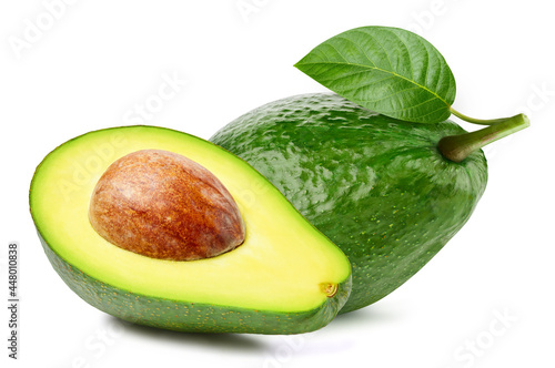 Fresh organic avocado with leaves isolated clipping path