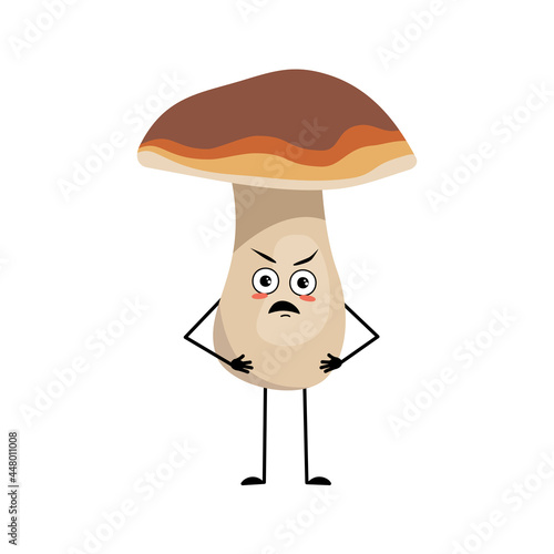 Cute mushroom character with angry emotions, grumpy face, furious eyes, arms and legs. A funny healthy wholesome food, forest plant