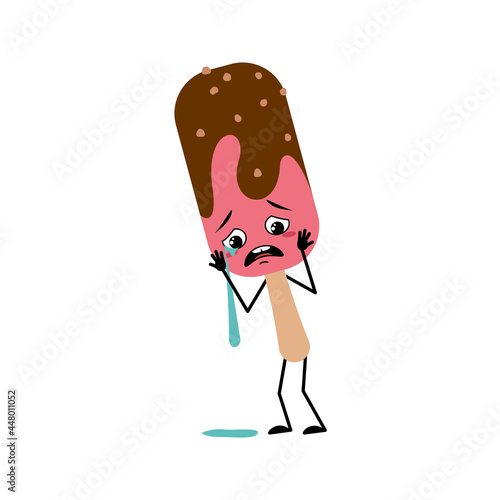 Cute ice cream character with crying and tears emotion, sad face, depressive eyes, arms and legs. Sweet cold food, dessert popsicle