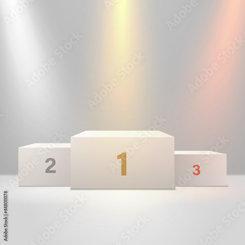 A realistic illuminated 3D podium for the winners. Top places. Vector illustration.
