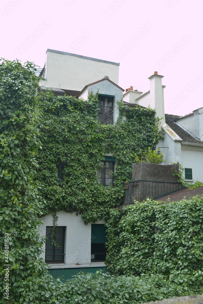 Paris, France - March 29th 2014 : Focus on a house with a lot of plants, in Montmartre. It is very green.