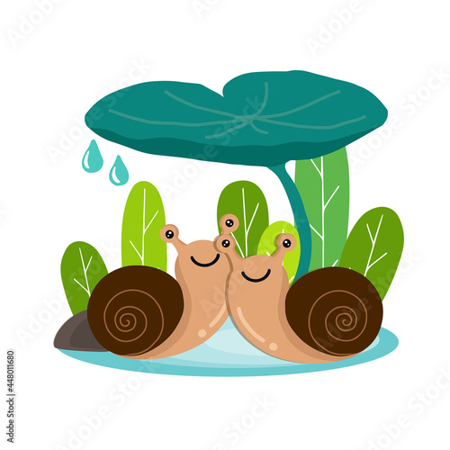 Couple Snail sitting under leaf.
