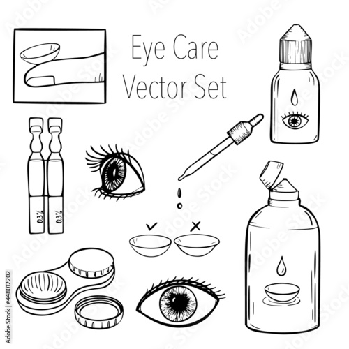 Contact lenses health care vector illustration. Ophthalmology cartoon icons set.