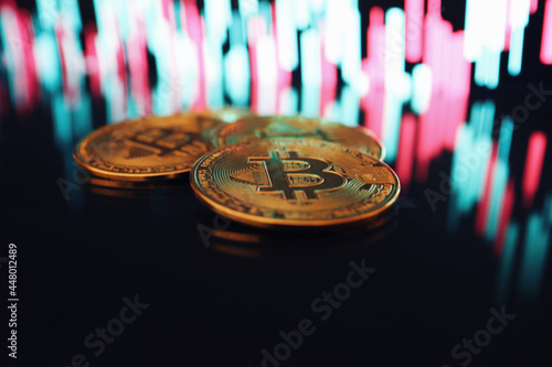 Bitcoins Close-up And Chart Monitor Display With Glow And Reflective Surface,  Bitcoin With Statistics Screen And Shallow Depth Of Field