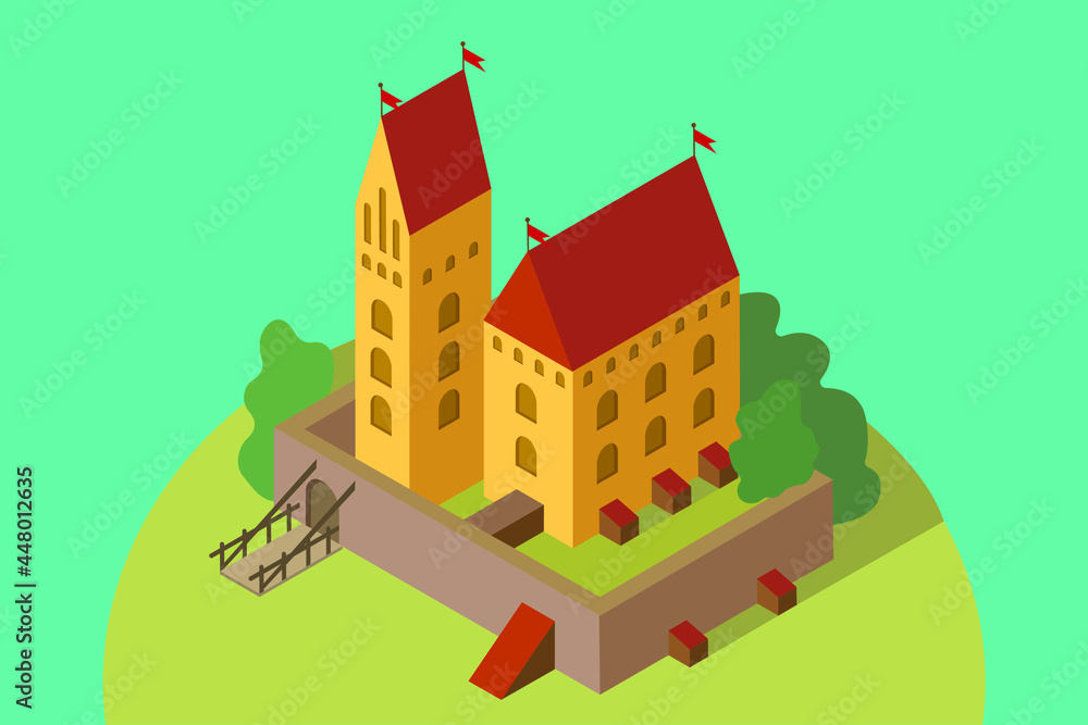 Isometric medieval castle in Trakai, Lithuania. Middle ages European castle. History, tourism, game concept.