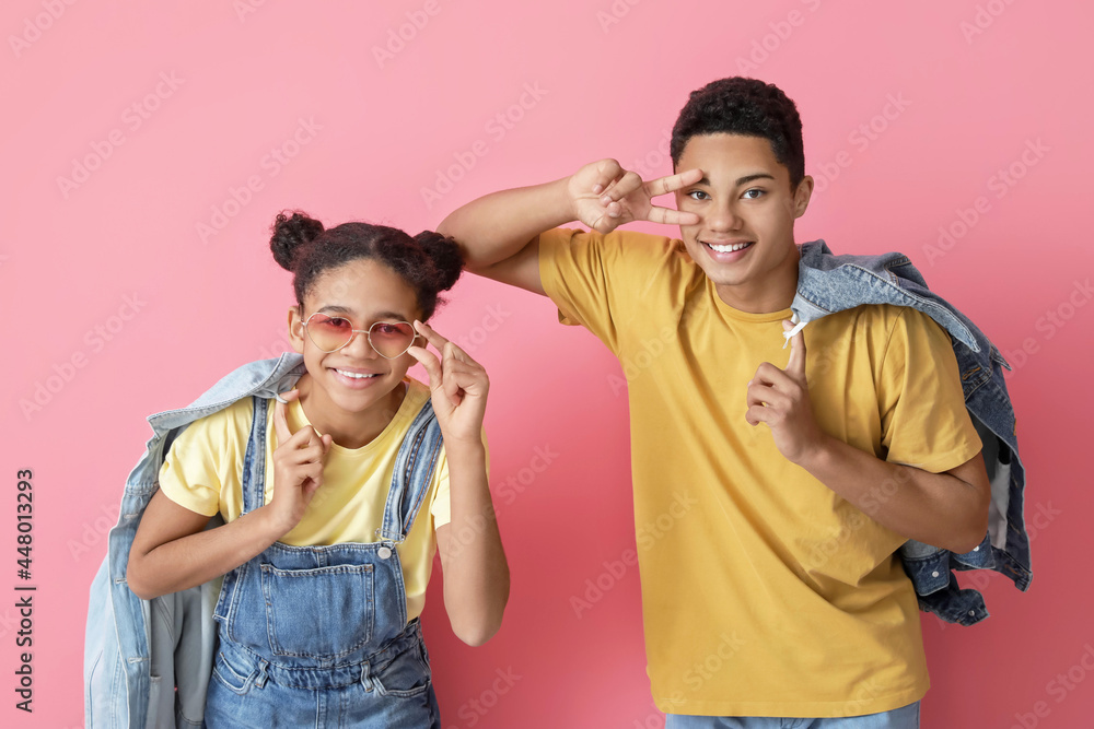 Obraz premium African-American brother and sister on color background