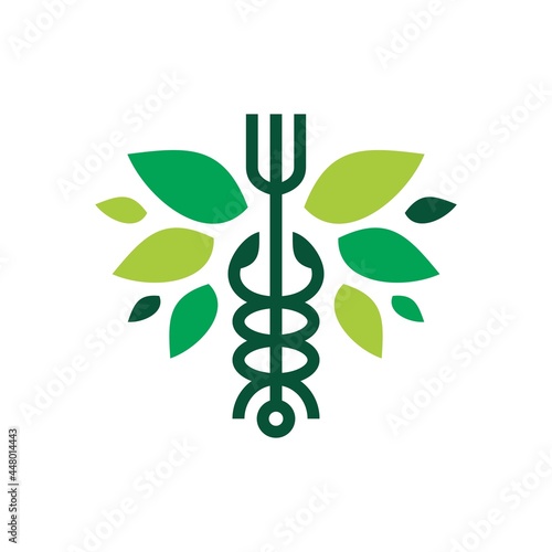caduceus fork medical food restaurant leaf vegan vegetable vegetarian logo vector icon illustration