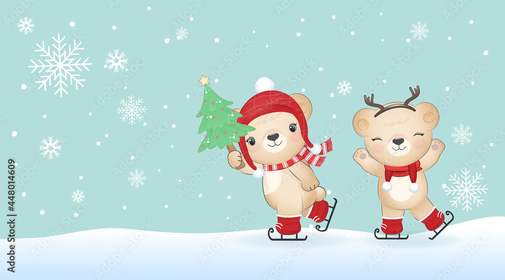 Cute little bears on ice skates, Christmas season illustration Cute little bears on ice skates, Christmas season illustration
