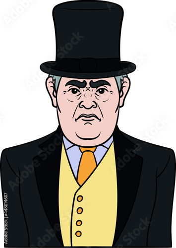 strict old man with suit and top hat. comic, avatar.