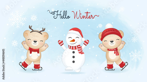 Cute little bears on ice skates and snowman, Christmas season illustration