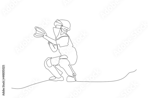 Single continuous line drawing young agile professional baseball catcher player in action. Sport exercise concept. Trendy one line draw design graphic vector illustration for baseball promotion media