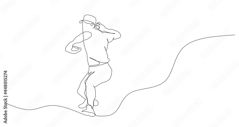 One single line drawing of young energetic man baseball player practice to throw the ball vector illustration. Sport training concept. Modern continuous line draw design for baseball tournament banner