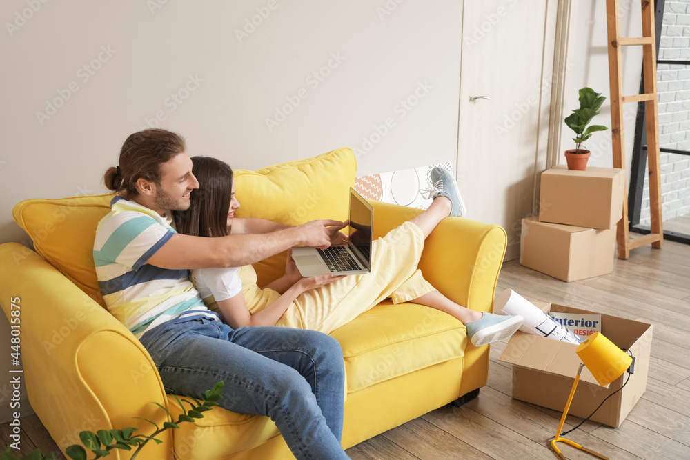 Young couple using laptop in their new house on moving day Young couple using laptop in their new house on moving day