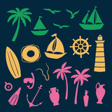 Summer time graphic. Beach and sea set of silhouettes for design. Flat vector illustration with isolated marine objects. Palm, ship, seagull, lighthouse, surfboard, lifebuoy and more