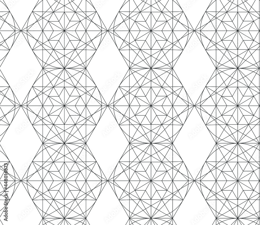 Fototapeta premium Seamless vector thin line geometric shapes pattern. Minimalistic design. Repeat structure white background. For design, web, fabric, textile, cover, wrapping etc.