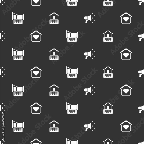 Set Megaphone, Shelter for homeless, Free overnight stay house and delivery on seamless pattern. Vector