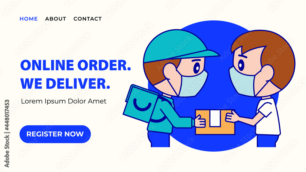 Online order e-commerce landing web page template design. Cartoon delivery man giving parcel to customer with face mask Online order e-commerce landing web page template design. Cartoon delivery man giving parcel to customer with face mask