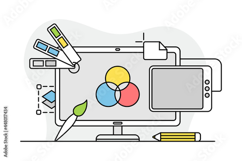 Desktop Computer Monitor with Graphic Editor as Programmed Machine for Operation Vector Illustration