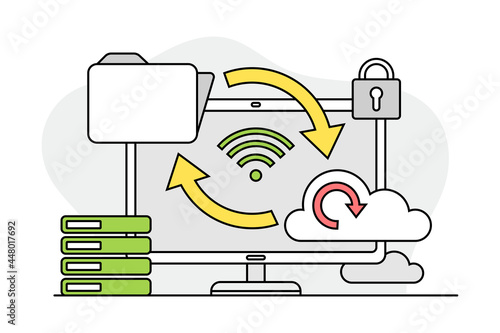 Desktop Computer Monitor with Cloud Storage as Programmed Machine for Operation Vector Illustration