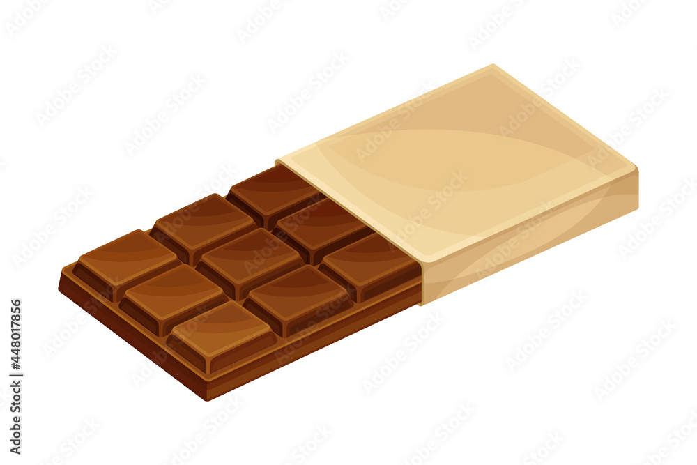 Chocolate Bar or Candy Bar as Solid Confection in Sweetie Paper Vector Illustration. Dark Cacao Dessert and Sugary Confectionary Concept Chocolate Bar or Candy Bar as Solid Confection in Sweetie Paper Vector Illustration. Dark Cacao Dessert and Sugary Confectionary Concept