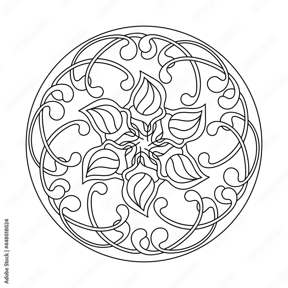 Coloring book for adults and older children. Hand drawn Monochrome abstract round mandala.