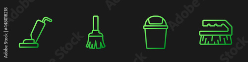 Set line Trash can, Vacuum cleaner, Feather broom and Brush for cleaning. Gradient color icons. Vector