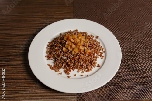 buckwheat with bacon on a plate