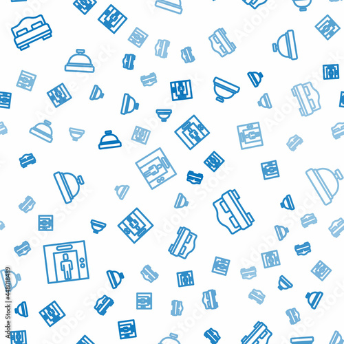 Set line Lift, Hotel room bed and service bell on seamless pattern. Vector