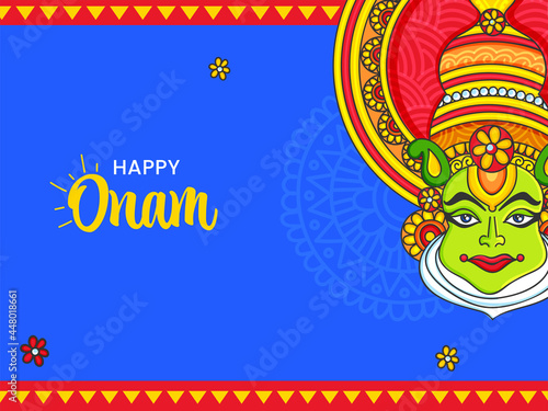 Happy Onam Celebration Concept With Kathakali Dancer Face On Blue And Red Background. © Abdul Qaiyoom