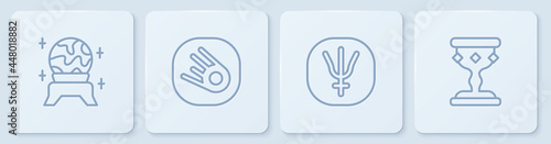 Set line Magic ball, Neptune planet, Comet falling down fast and Medieval goblet. White square button. Vector