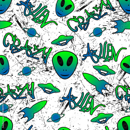 Abstract seamless pattern for guys with aliens, on gray grunge. photo