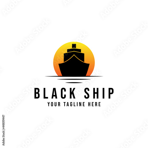 black ship on sunset logo design icon vector