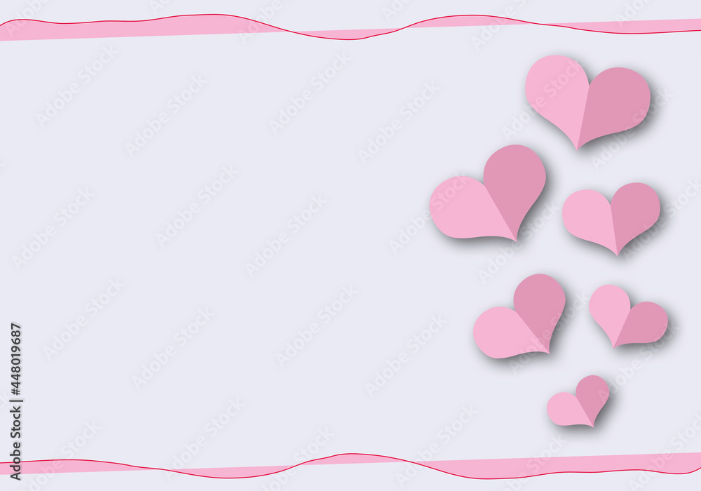Pink hearts with pink ribbon on white background of greeting design for Valentines day or Wedding, Holiday illustration for greeting card, Love concept, space for the text, paper cut design style.
