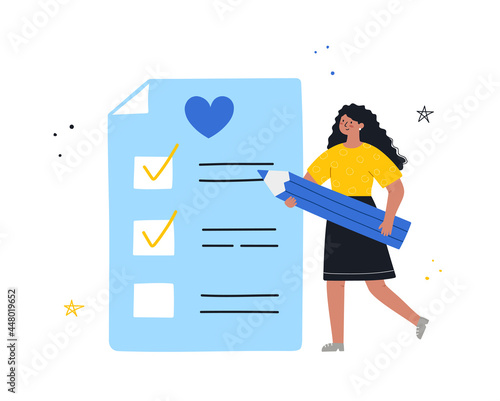 Wishlist. Girl writing down her wishes. Gift and shopping list. Flat vector illustration.