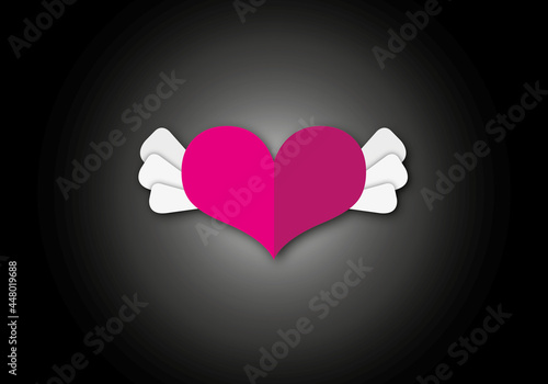 Pink hearts with wing and light on black background of greeting design for Valentines day or Wedding, Holiday illustration for greeting card, Love concept, space for the text, paper cut design style.