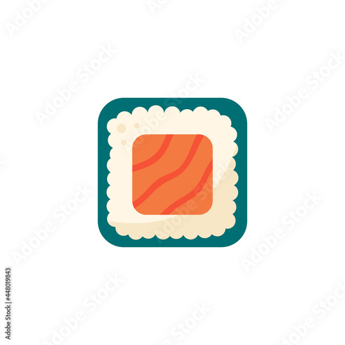 Sushi roll with fresh salmon fish, rice and nori seaweed. Square shape. Asian food. Japanese, Chinese cuisine. Vector illustration, design element. Isolated on white background.