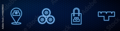Set line Spray can nozzle cap, Paint spray, and Marker pen attachment. Glowing neon icon on brick wall. Vector