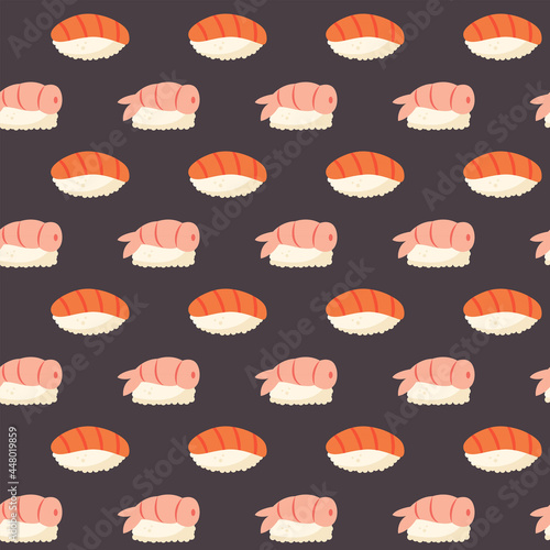 Sushi with fresh salmon fish, rice, shrimp and nori seaweed. Asian food. Japanese, Chinese cuisine.  Seamless pattern, texture, background. Packaging design, wrapping paper. Editable background color.