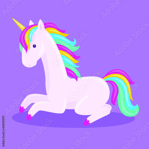Unicorn with rainbow mane and gold horn laying on purple background. Vector illustration. 