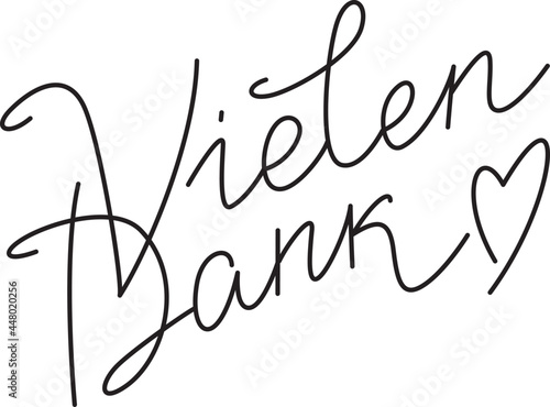 "Vielen Dank" hand drawn vector lettering in German, in English means "Thanks a lot". Hand lettering isolated on white. Deutsch inspirational quote or saying. Positive lifestyle concept. 
